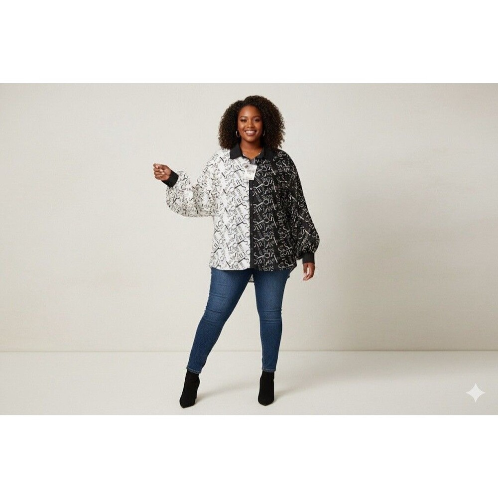 Ashley Stewart Plus Size 30/32 Split “FASHION” Print Balloon Sleeve Shirt – NWT